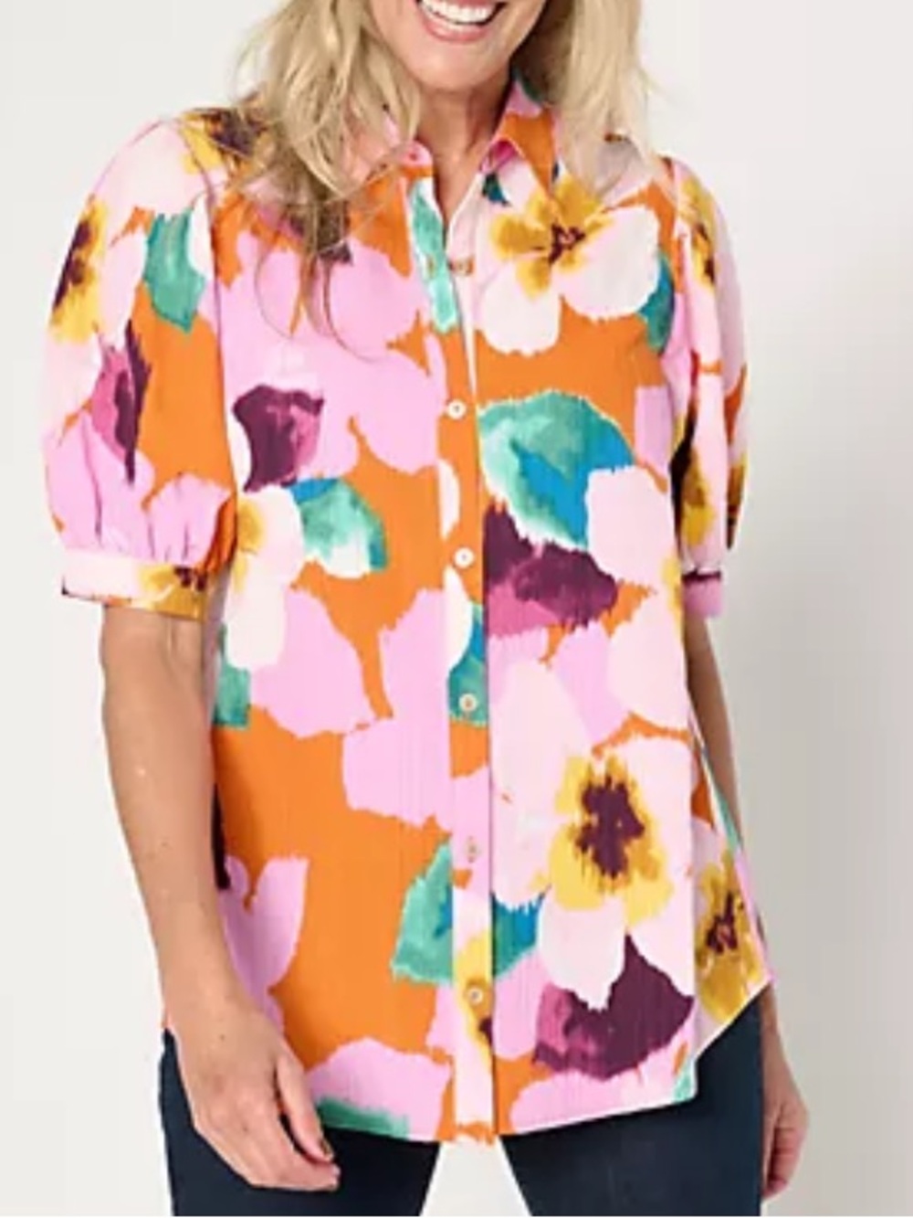 Susan Graver Orange Floral Button-Front Puff Sleeve Top